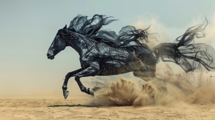 Fototapeta premium beautiful black horse galloping across the desert with its flowing mane and swirling dust captured in stunning detail, evoking a sense of fantasy and majesty in high-speed cinematic photography