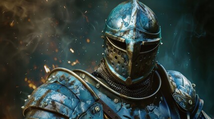 Fototapeta premium A formidable warrior clad in blue armor faces the viewer, exuding strength amidst swirling smoke and sparks