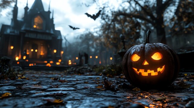 Spooky Halloween Jack-o'-Lantern in a Garden at Night
