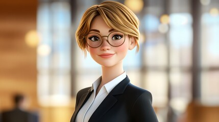 Fototapeta premium Joyful 3D Cartoon European Avatar in Business Attire with Professional Setting