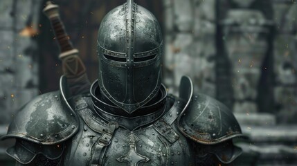 A powerful warrior stands confidently in heavy armor, ready for combat amidst an ancient, mysterious backdrop