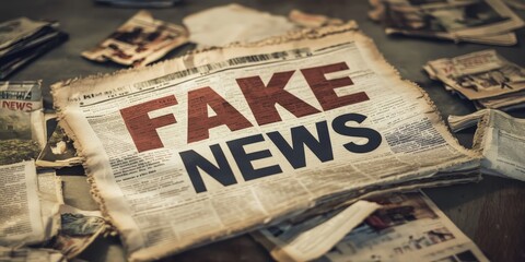 Obraz premium The impact of fake news highlighted in a cluttered media display with old newspapers, emphasizing misinformation's role in society