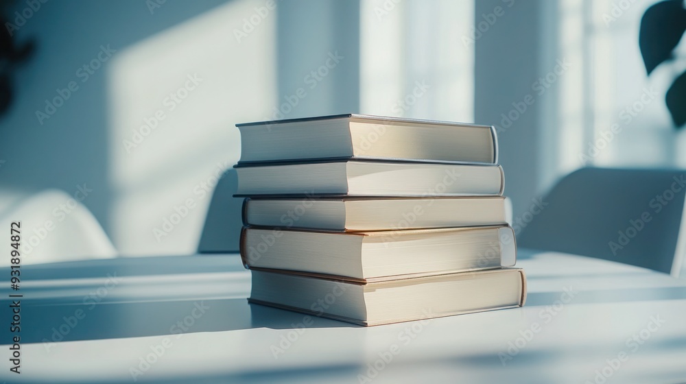 Poster stack of books on a white table with sunbeams streaming through a window.