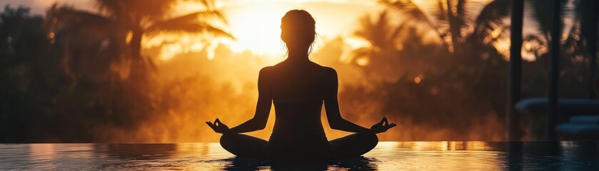 Silhouette of a woman meditating by the water at sunset