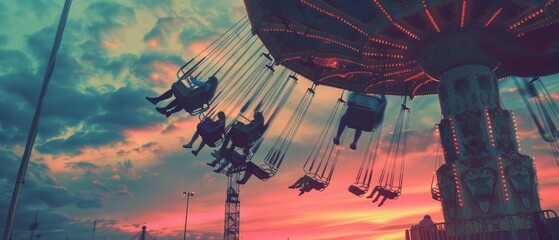 Vibrant carnival image: swing ride with elated riders against sunset backdrop. Warm colors, long shadows, person watching the fun scene. Leisure and joy captured in the moment.