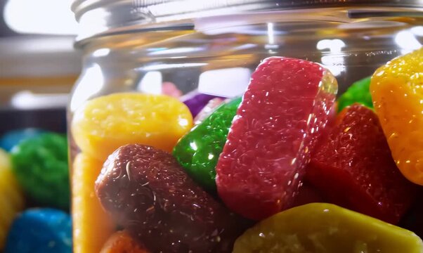 Extreme Close-Up of Colorful Candy Jars in a Candy Store