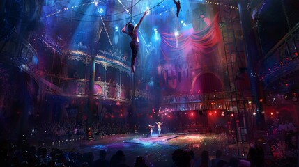 A circus performance unfolds with a man on the trapeze and a woman below, captivated by his act. Colorful lights and a starlit sky create an enchanting and vibrant atmosphere.