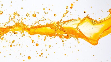 A dynamic scene captures a vivid splash of orange juice against a crisp white background. The juice arcs gracefully in mid-air, forming intricate shapes as droplets scatter in all directions. The