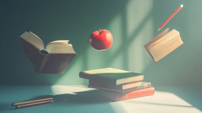 Floating Books, Red Apple, and Pencils in a Sunlit Room