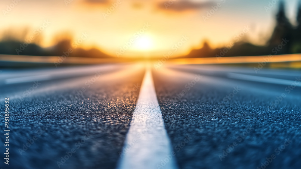 Poster sunset view of an empty highway with a focus on the road and blurred background