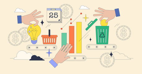 Product lifecycle from idea to disposal phases tiny neubrutalism concept. Life cycle with introduction, growth, maturity and decline stages vector illustration. Manufacturing continuity management.