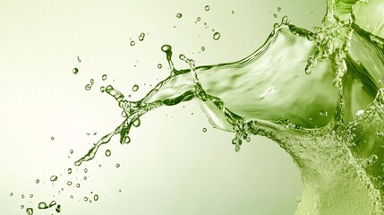 A cool, refreshing splash of green juice is captured mid-motion, with the liquid twisting and turning in intricate patterns against a light green background. The juice is rich in color, evoking the