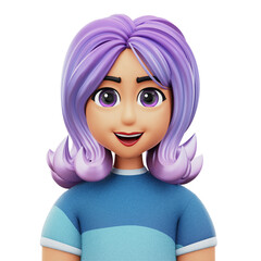 3D Avatar Purple Hair Woman with Blue Shirt Character