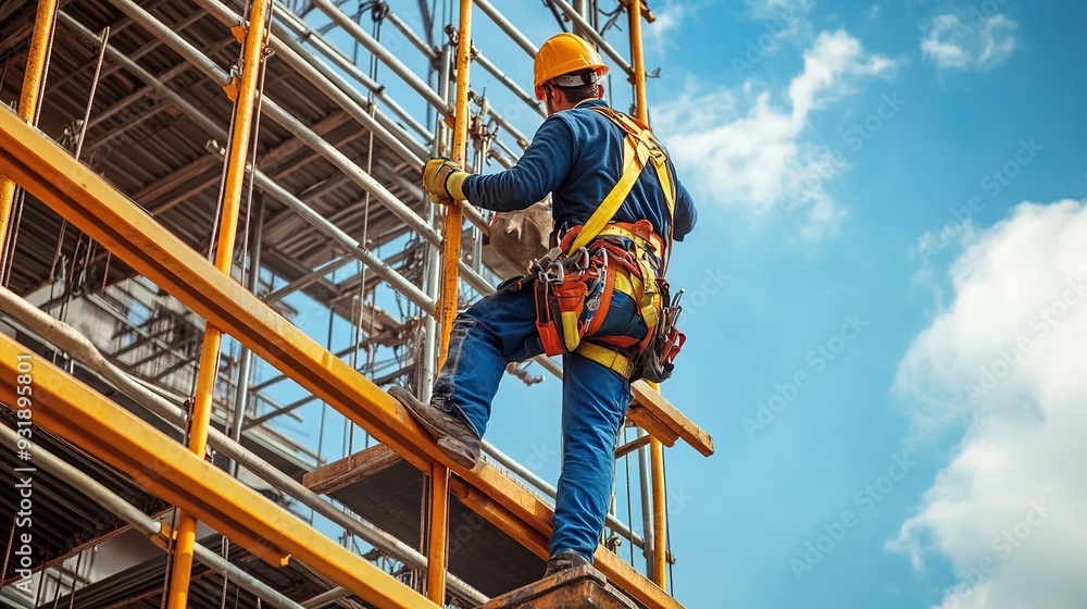 Wall mural A construction worker wearing a safety harness and helmet, working on scaffolding at a high elevation