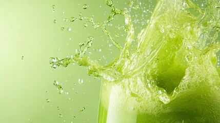 A vibrant splash of green juice is captured mid-motion, with the liquid twisting and turning in intricate patterns against a light green background. The juice is rich in color, evoking the freshness