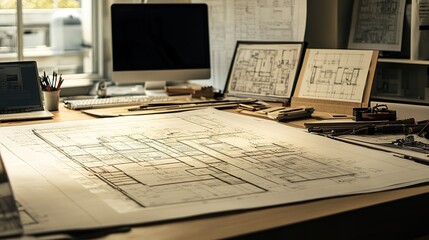 Obraz premium detailed architectural plans spread out on a drafting table, showcasing intricate floor plans, elevations, and annotations, with drafting tools