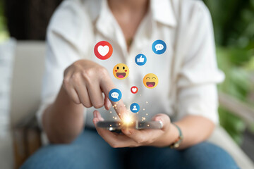 Social Distancing ,Working From Home concept.The concept of living on vacation and playing social media. Social media and digital online concept, man using smart phone with Social media.