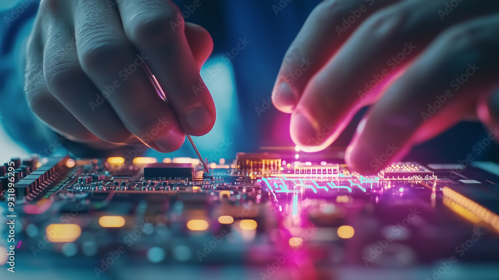 Aufkleber close-up of hands working on a circuit board with glowing lights in a high-tech environment