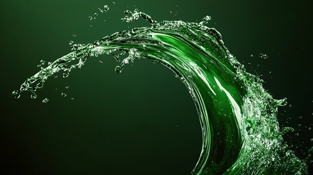 A powerful splash of green juice is frozen in time, creating an abstract, wave-like pattern against a deep green background. The juices rich color suggests a fresh, natural flavor, and the droplets