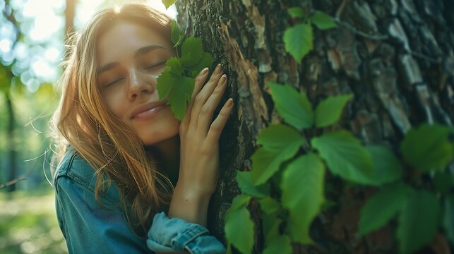 People and nature Human and environment concept Close up of woman hugging with love a green tree with musk Love nature save forests enjoy woods in outdoors leisure activity Colorful ve : Generative AI
