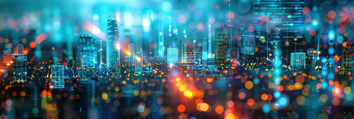 Obraz premium Futuristic cityscape at night with glowing skyscrapers and bokeh light effects for a dynamic and vibrant urban scene
