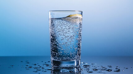 A chilled glass of sparkling water sits on a reflective surface, with condensation droplets clinging to the glass, glistening under the soft light. The effervescent bubbles rise rapidly, creating a