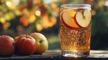 A chilled glass of apple cider is placed on a wooden table, with a few apple slices floating inside. The cider is a deep amber color, with a few bubbles rising to the surface. The glass is frosty,