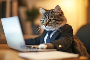 Cat in Business Suit Working on Laptop
