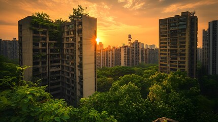 Naklejka premium 1. **An abandoned city skyline overtaken by nature