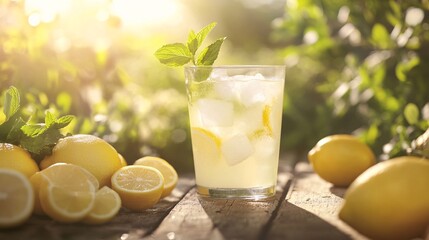 A frosty glass of iced lemonade with a sprig of fresh mint sits on a rustic wooden table, surrounded by sliced lemons and mint leaves. The lemonade is a pale yellow, with visible ice cubes floating