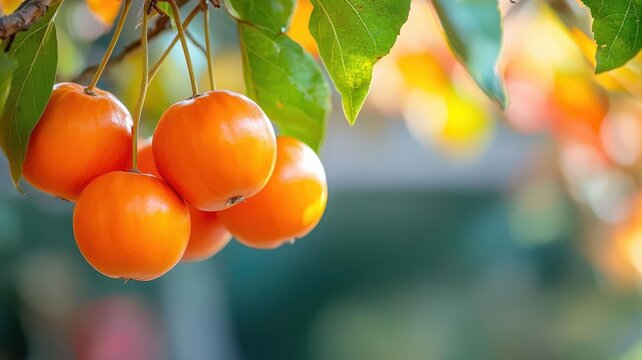 A closeup of bright orange kakis persimmons hanging from the tree, with autumn leaves in the background, Autumn Kaki Fruit, focusing on the unique and colorful fruits of the season