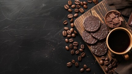 Chocolate banner on wooden board with coffee dark background chips ideal for cafes and restaurants concept