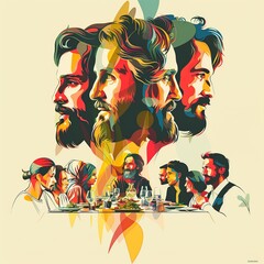A clean design showcasing the faces of Jesus and his disciples in profile, utilizing minimal lines and colors to convey deep emotion and connection during the meal. The simplicity highlights 