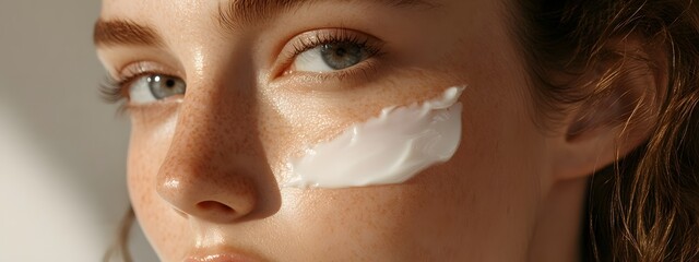 A close-up shot of the model applying cream to her face, highlighting its gentle texture and soothing effect on the skin's health
