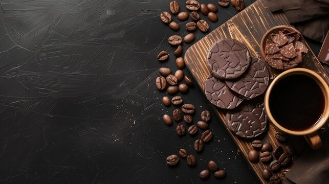 Chocolate banner on wooden board with coffee dark background chips ideal for cafes and restaurants concept