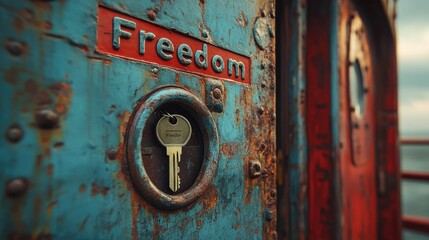 A key unlocking a door with the word "Freedom" written above it