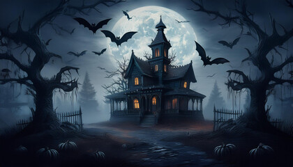 Halloween spooky night with a haunted house and bats, halloween background 