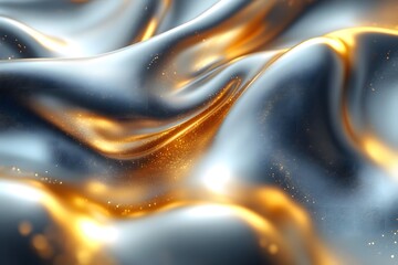 Abstract background with silver and gold lines, liquid metal waves, liquid metallic effect, close-up, soft lighting, blue color, high resolution, detailed rendering, elegant curves, high definition