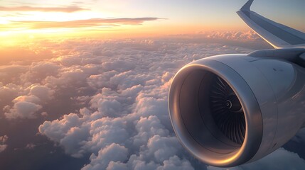 Airplane Engine Above the Clouds at Sunset