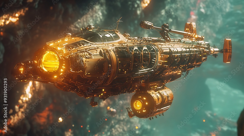 Poster gold-plated spaceship navigating through an asteroid field