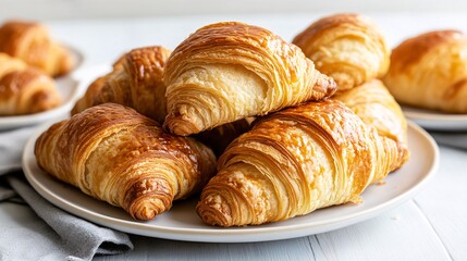 Fototapeta premium A stack of fluffy, buttery croissants is arranged on a white ceramic plate, with their golden-brown crusts catching the light. The background is a bright, airy space with plenty of room for
