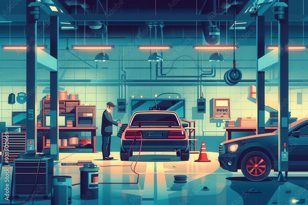Poster a mechanic inspects an electric vehicle's battery in a well-equipped workshop filled with tools and 