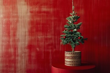 Vibrant christmas tree on red background with generous space for customizable text overlay