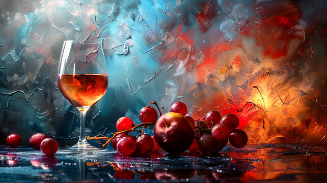 A vibrant still life featuring red grapes, an apple, and a glass of rose wine