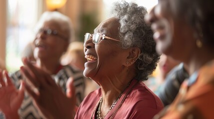 A spontaneous dance circle at a senior center, with participants clapping, singing, and moving to the rhythm, their faces glowing with excitement.