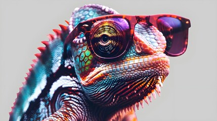 Creative colors concept, colorful chameleon lizard with sunglasses isolated on transparent background, png file, entertaining exotic pet