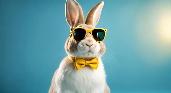 easter bunny rabbit with yellow sunglasses and yellow bow tie on blue background