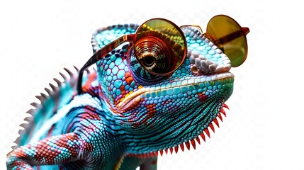 Creative colors concept, colorful chameleon lizard with sunglasses isolated on transparent background, png file, entertaining exotic pet