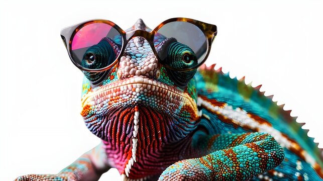 recommend clip art: Creative colors concept, colorful chameleon lizard with sunglasses isolated on transparent background, png file, entertaining exotic pet