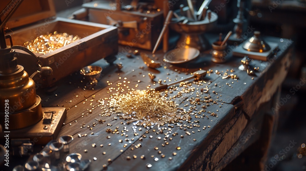 Wall mural Workplace of a jeweler Tools and equipment for jewelry work on an antique wooden desktop Jeweller engraver at work on jewelry made of diamonds and gold Wood Platinum Diamond Metal Back : Generative AI